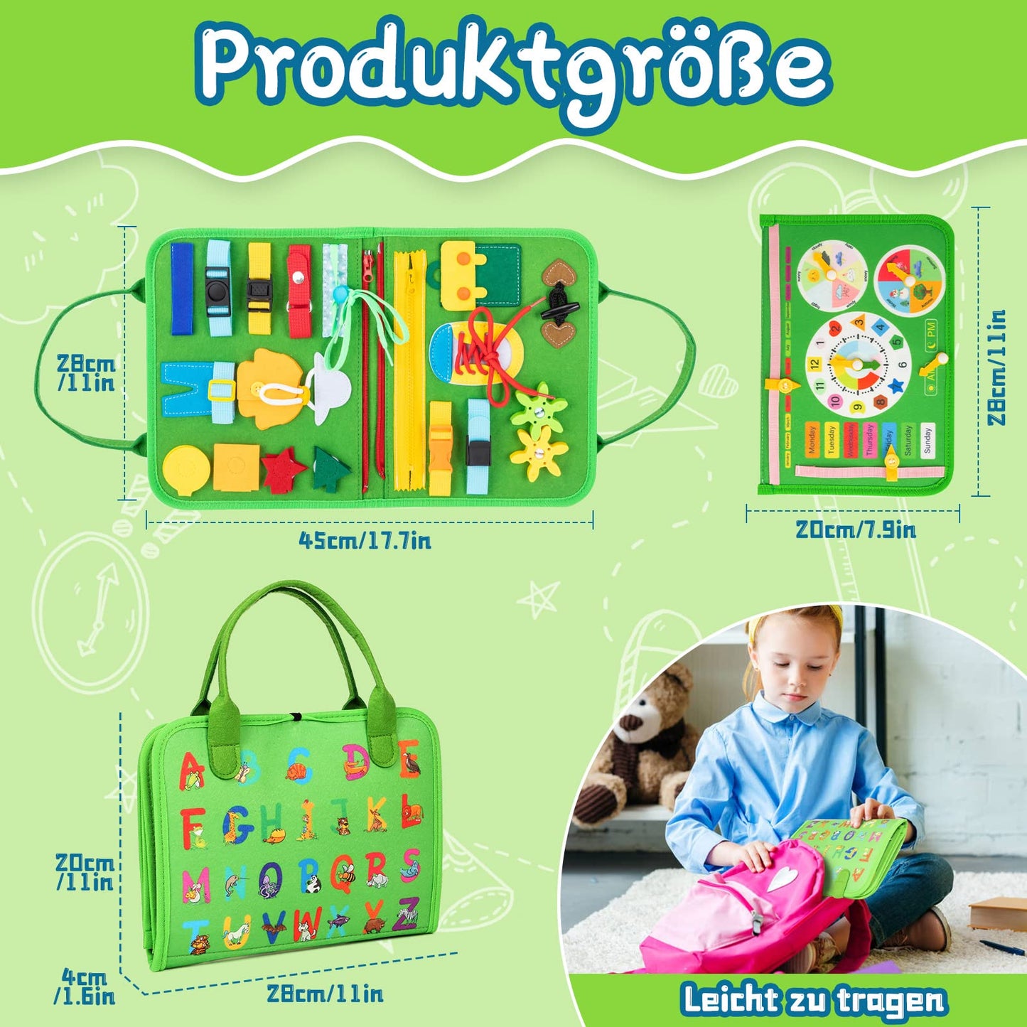 ACDAY Busy Board for 1 2 3 years, Montessori toy for toddlers. Activity Board Baby Quiet Book Autism Educational Travel Toy Preschool Learning Sensory Board for Fine Motor Skills (Green)