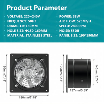 HG Power Ø150mm Exhaust Fan 525m³/h Bathroom Ventilation Fan Quiet with Backdraft Damper 38W Powerful Wall Fan with EU Plug for Kitchen Bathroom Garage Basement (Black)