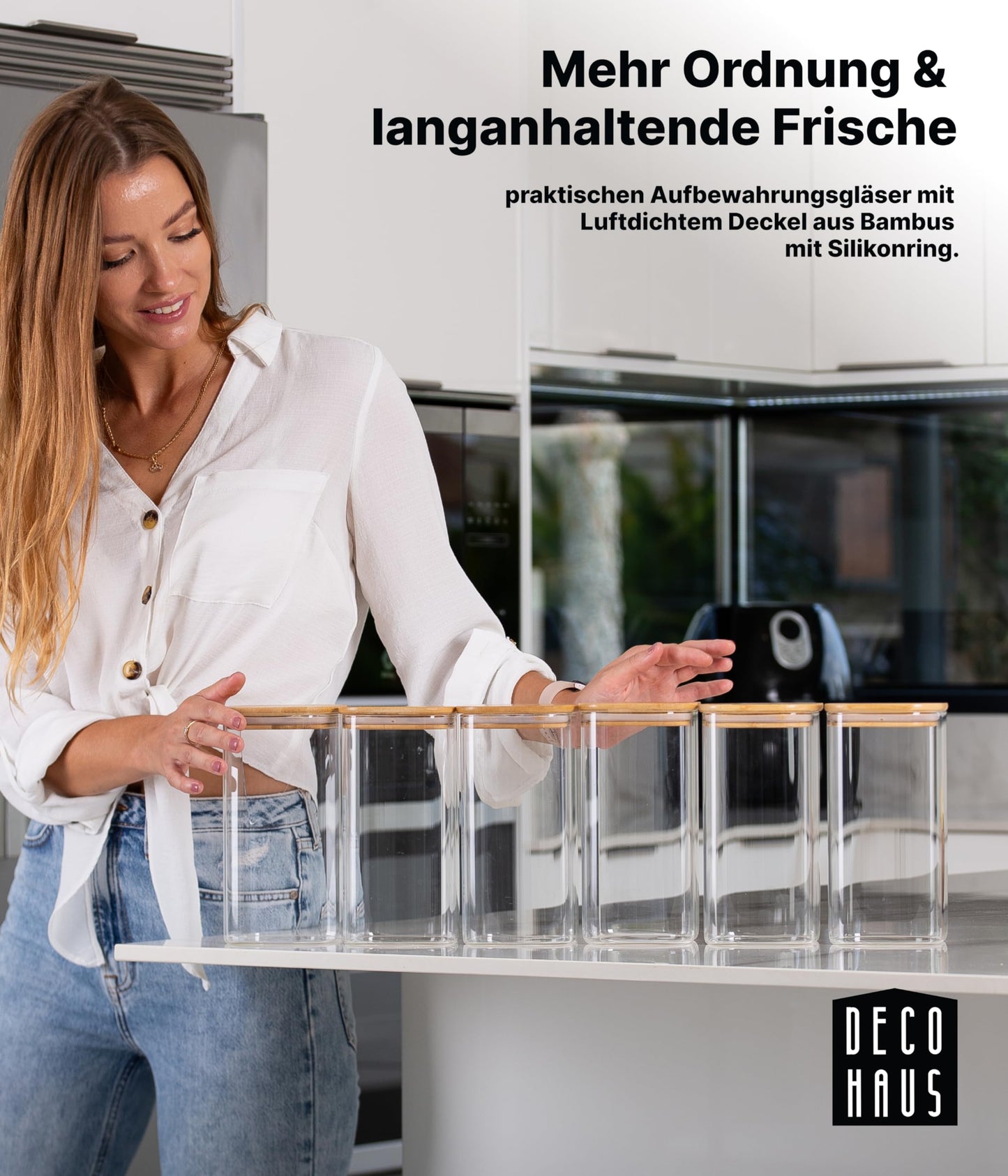 Deco house® set of 6 square glass jars with lids and labels - airtight glass storage containers with wooden lids for storing muesli and other goods.