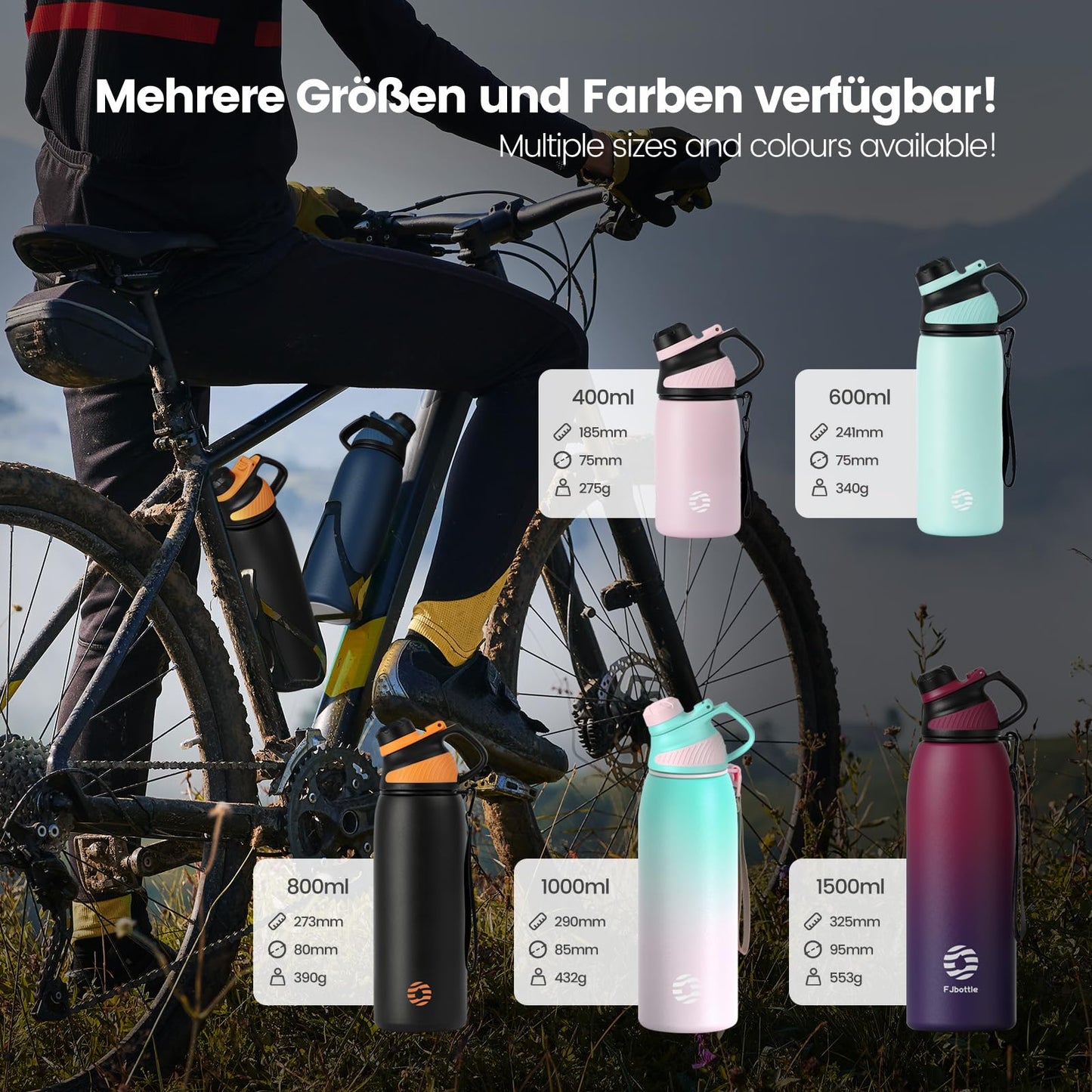 Fjbottle stainless steel sports water bottle with magnetic lid, available in 1L, 800ml, 600ml, and 400ml sizes. BPA-free, leak-proof for kids, and suitable for carbonated drinks. Also offering a 1500ml thermal water bottle for school and fitness.