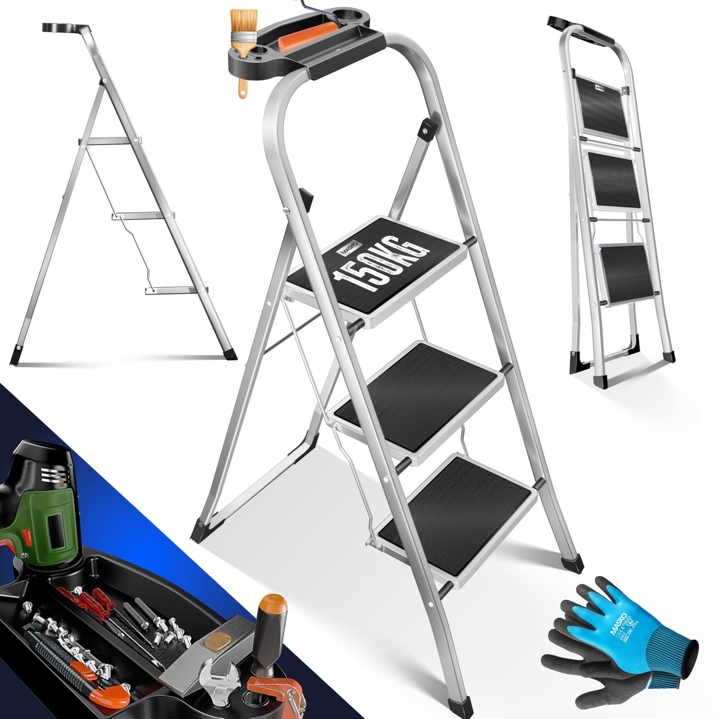 MASKO® Folding Step Ladder 3 Step ladder Step Ladder loadable up to 150 kg | Step Stool Anti-Slip | Folding Step Stool with Gloves, Tool Tray & Automatic Lock, Gray