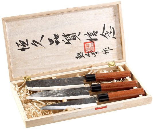 Tokio KitchenWare Knives: 3-piece knife set, handmade, with genuine wood handle (Chinese Knives Set, China, Knife block)