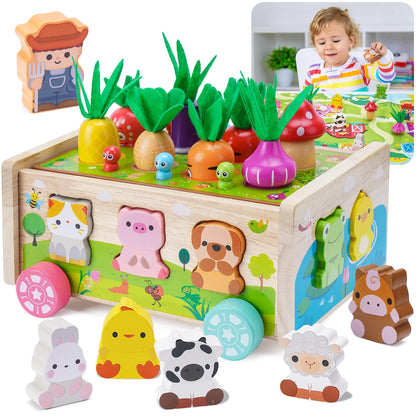 Montessori toy for 1 2 3 year olds | Wooden toy with card 7-in-1 farm game wooden motor skills toy | Children's carrot stacking game wooden | Montessori gift for girls and boys