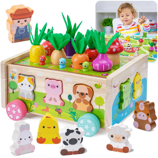 Montessori toy for 1 2 3 year olds | Wooden toy with card 7-in-1 farm game wooden motor skills toy | Children's carrot stacking game wooden | Montessori gift for girls and boys