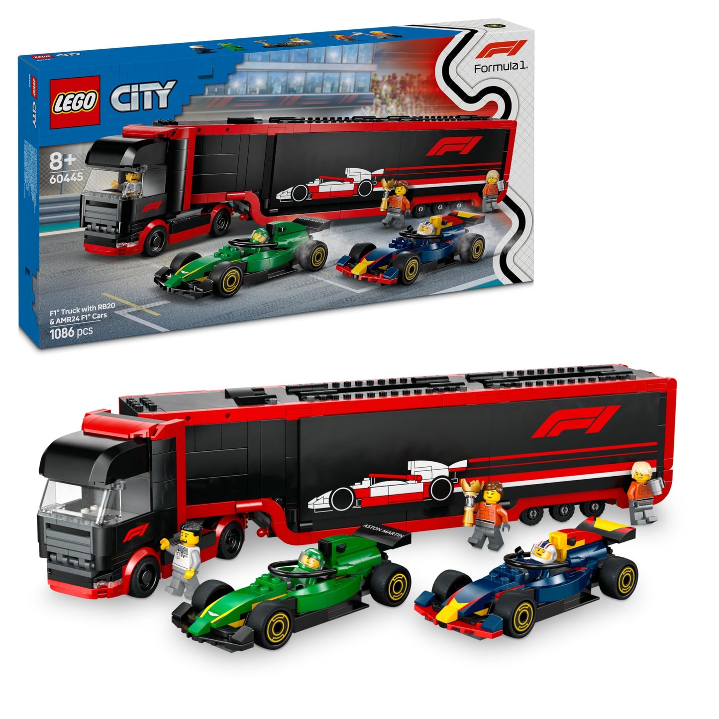 LEGO City F1 Transporter with RB20 & AMR24 F1 race cars - Toy car transporter for Red Bull & Aston Martin Formula 1 teams - Includes 5 minifigures - Gift for boys & girls 8+ years old 60445