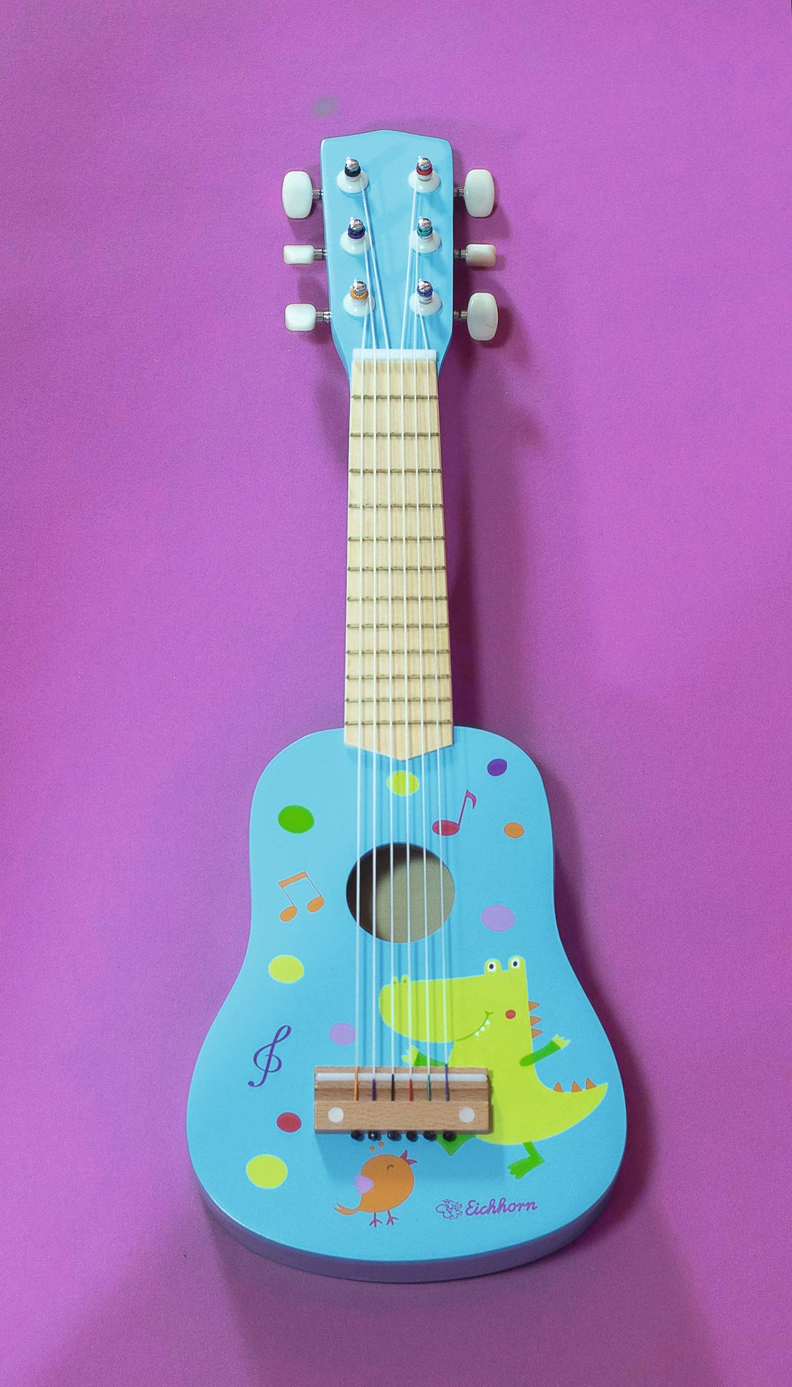 Squirrel - Guitar for Kids - Blue children's guitar, tunable nylon strings, wooden toy, with dinosaur, wooden guitar for boys and girls from 3 years old.
