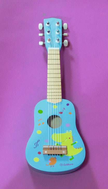 Squirrel - Guitar for Kids - Blue children's guitar, tunable nylon strings, wooden toy, with dinosaur, wooden guitar for boys and girls from 3 years old.