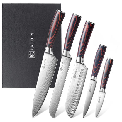 PAUDIN Kitchen Knife Set, 5-piece kitchen knife set made of high-quality carbon stainless steel, ultra-sharp knife set with chef's knife, cleaver, and utility knife.