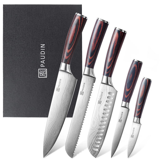 PAUDIN Kitchen Knife Set, 5-piece kitchen knife set made of high-quality carbon stainless steel, ultra-sharp knife set with chef's knife, cleaver, and utility knife.