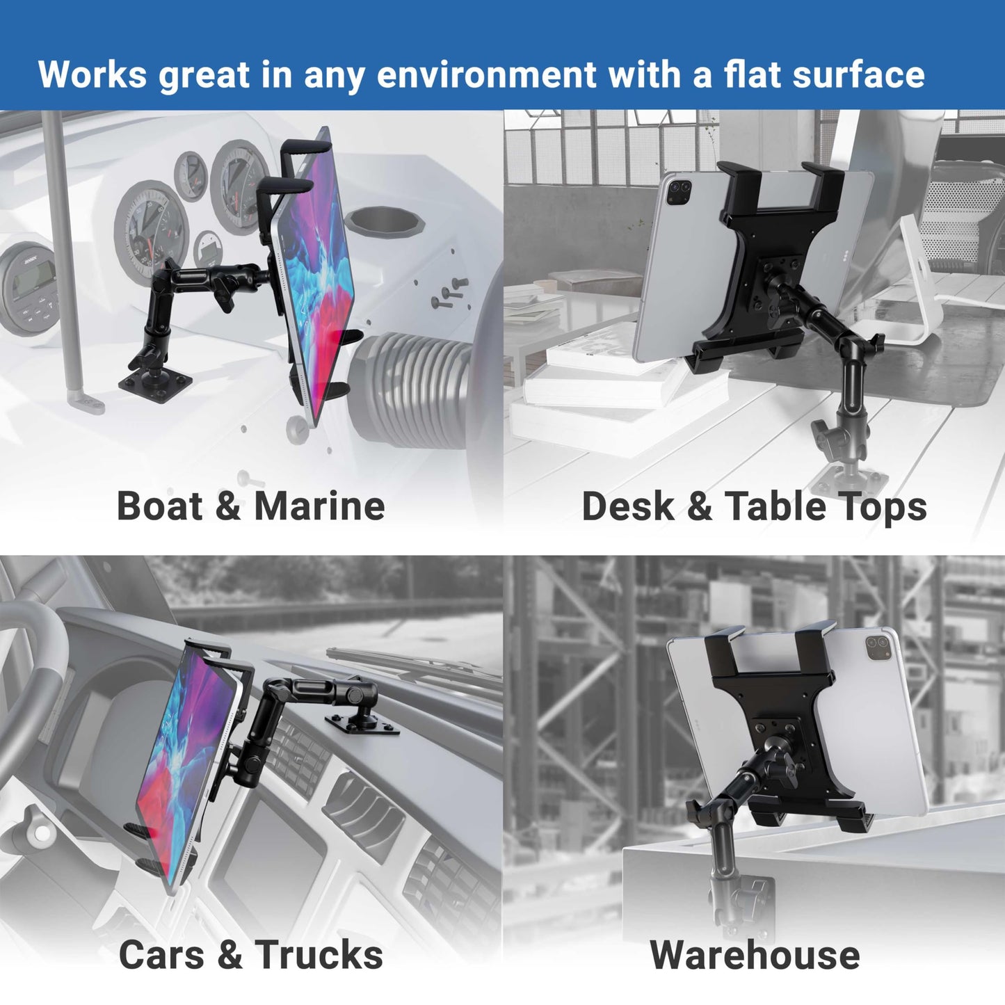 ARKON Heavy Duty Tablet Mount with Adjustable Arm for Tabletops, Cars, Vehicles, Walls, compatible with Apple iPads and Samsung Tablets.