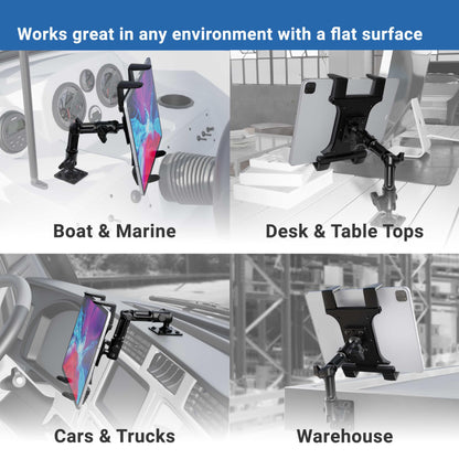 ARKON Heavy Duty Tablet Mount with Adjustable Arm for Tabletops, Cars, Vehicles, Walls, compatible with Apple iPads and Samsung Tablets.