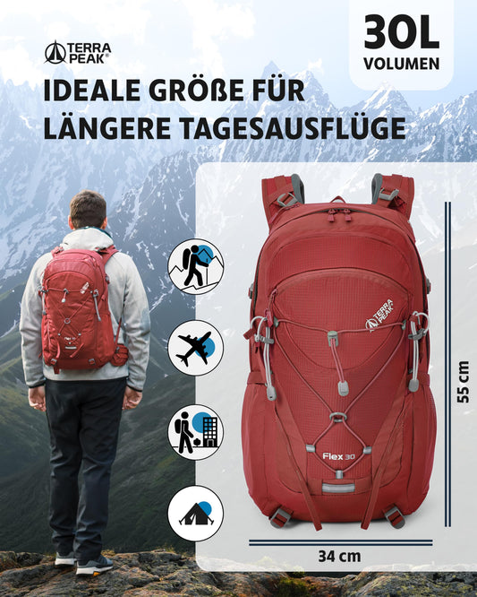 Terra Peak Hiking Backpack 30L Flex 30 Men Women red - Outdoor daypack for hiking - Lightweight waterproof daypack for sports activities - Ergonomic backpack with removable hip belt Adults
