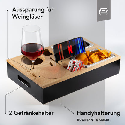 NewHabitat | Couchbar - Personalized snack box made of bamboo with engraving | Sofa tray with 2 snack bowls, 2 drink holders with coasters, magnetic lid, phone holder, includes gift box.