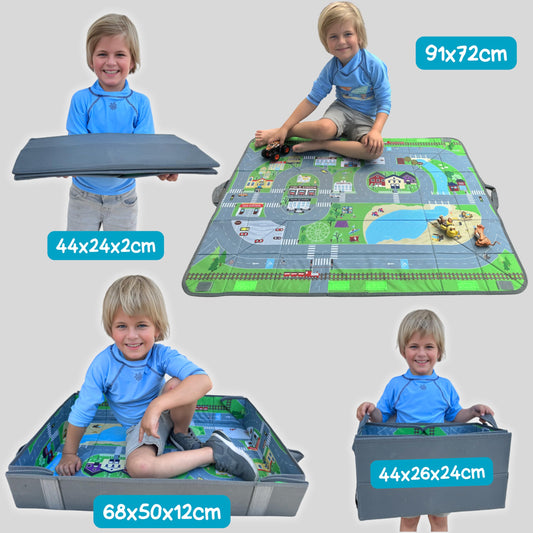 HECKBO 4-in-1 Car Organizer and Play Mat - Kids Toy Storage Box - Foldable mat with street design - Securely attaches in car, 91cm x 72cm.