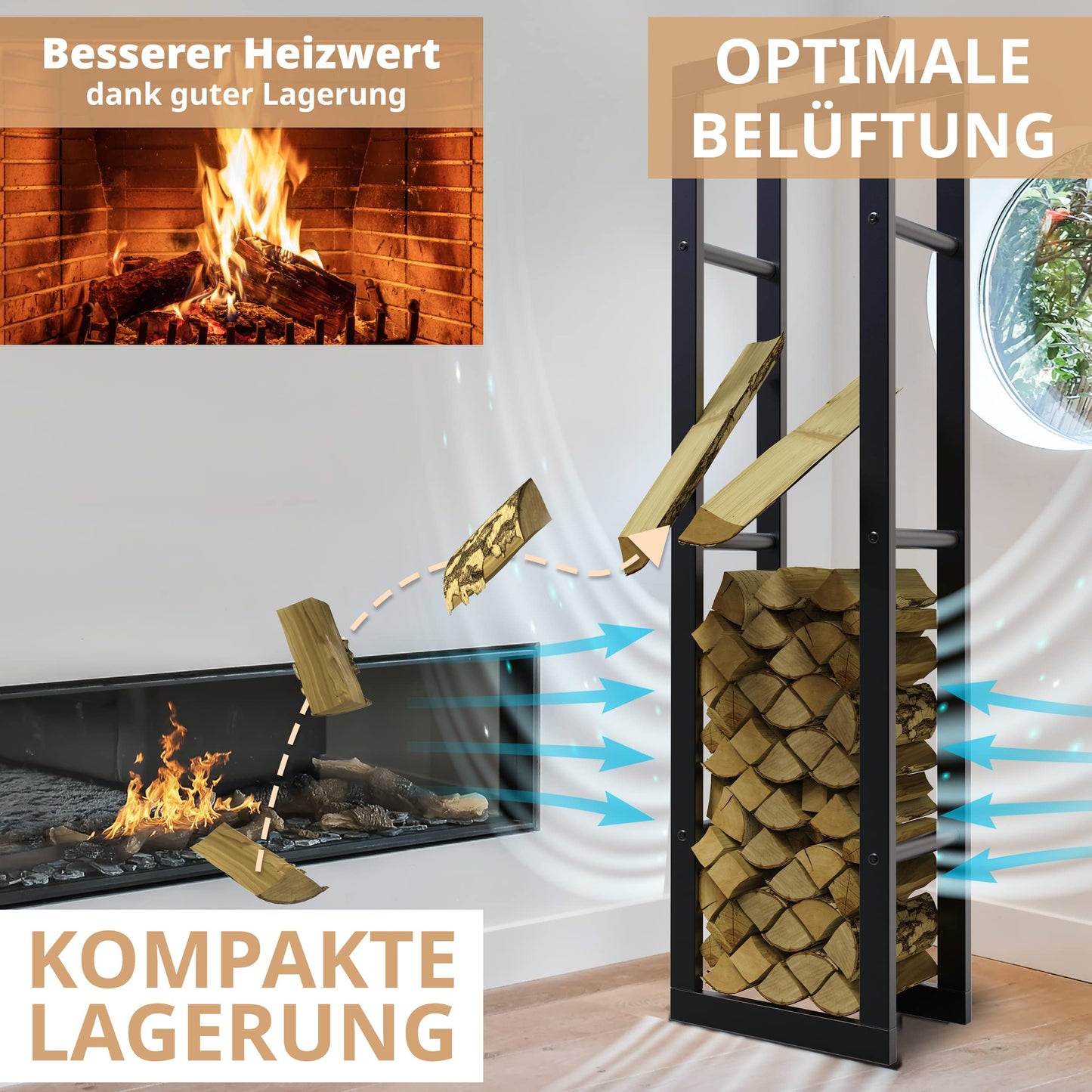 LAWA Living and Lifestyle Metal Firewood Rack GALVANIZED 40x25x150 Indoor Firewood Storage Outdoor Firewood Holder Living Room Fireplace Rack Wood Storage Black