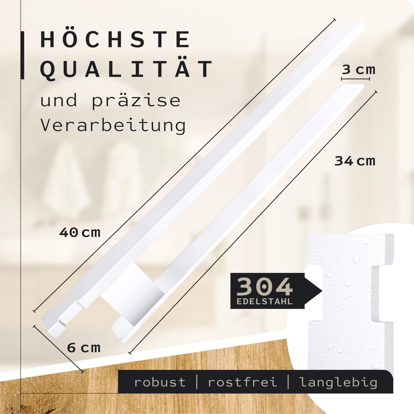 KRONWELL® towel holder without drilling - Self-adhesive towel holder for bathroom & kitchen - Stainless steel towel bar - Towel holder - Designed in Germany - White matte