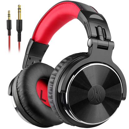 OneOdio over-ear headphones with cable, 50mm drivers, bass sound, 6.35 & 3.5mm jacks, share port, closed-back DJ headphones for studio, podcast, monitoring, phone, PC, MP3/4 (Pro-10 Red)