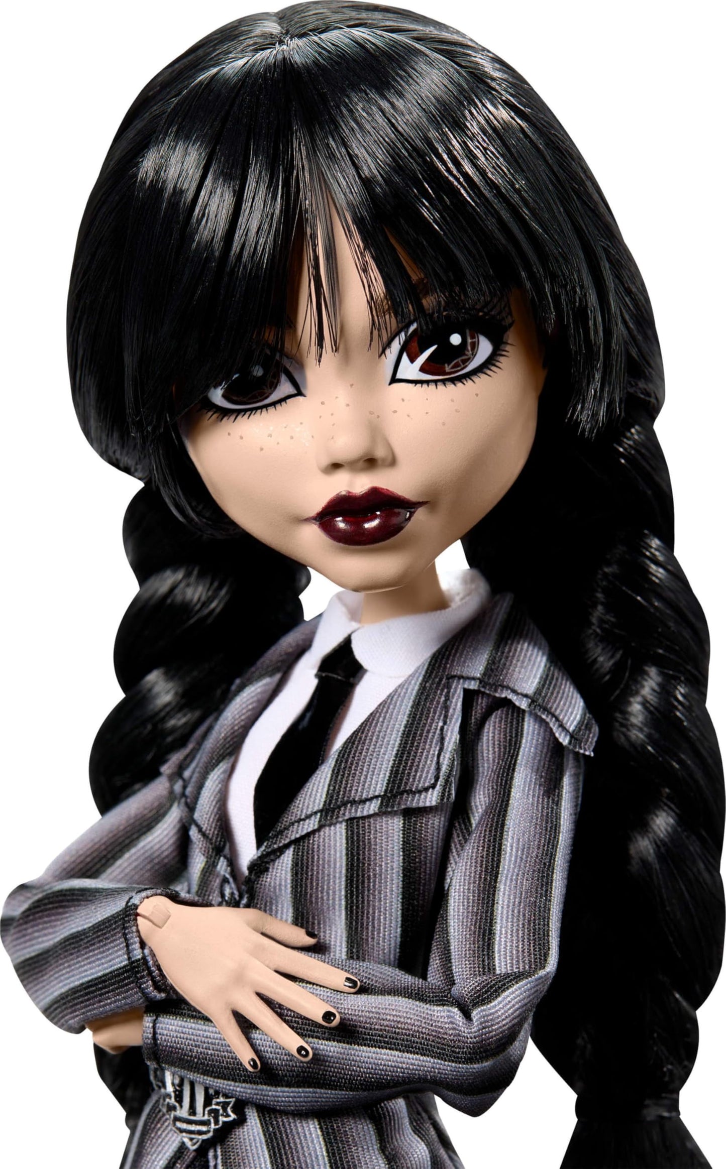 Monster High Wednesday doll and accessories, Wednesday Addams collectible figure in Nevermore Academy uniform with Ice Cold Hand and backpack, doll stand, HXJ04