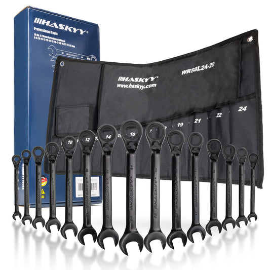 HASKYY 15-piece ring ratchet wrench set I Set 8-24 mm I BLACK I Ring combination wrench with ratchet set