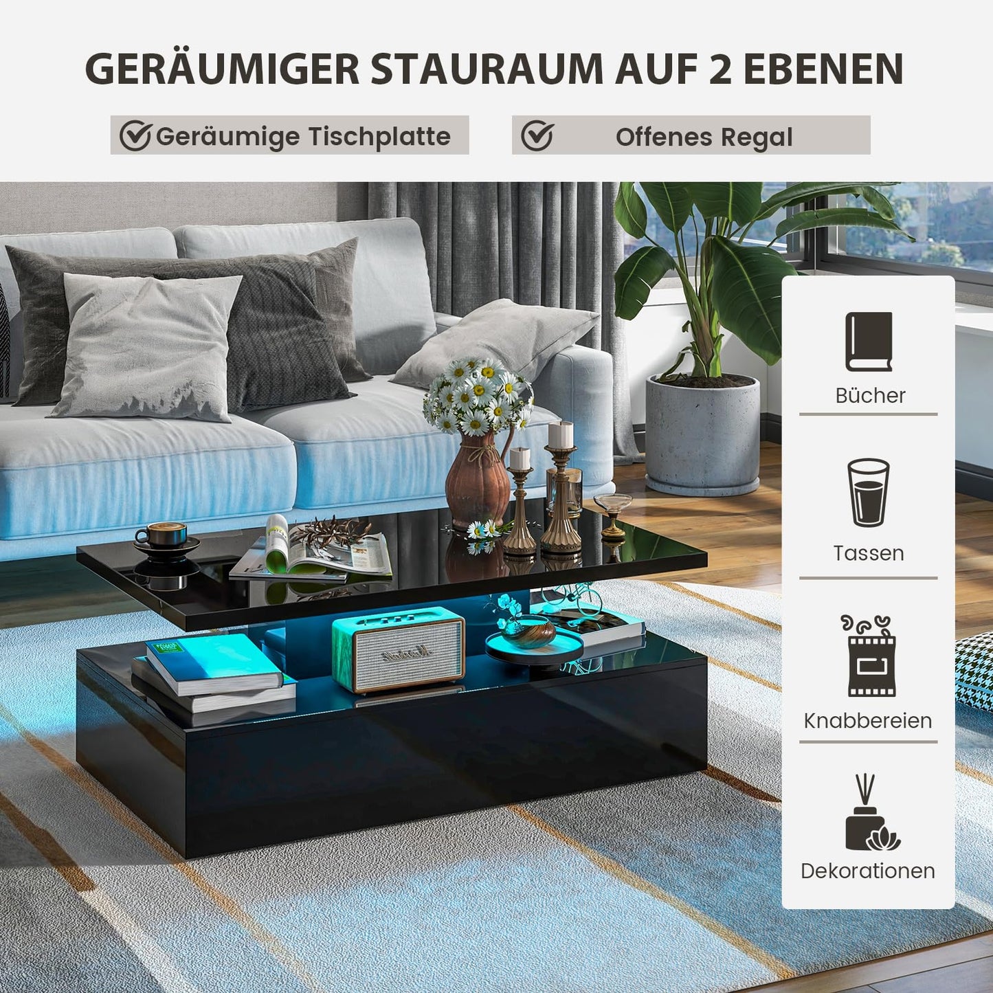 COSTWAY LED coffee table high gloss, living room table with adjustable light colors & brightness, remote control, 2-tier coffee table, rectangular sofa table for living room, black, 110 x 60 x 40 cm.