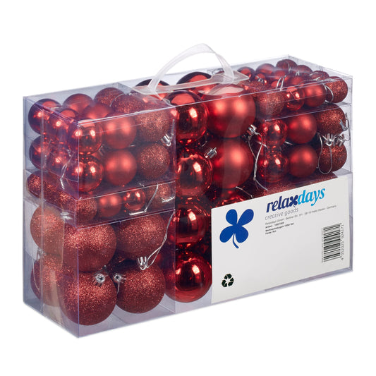 Relaxdays Christmas Baubles, 100-Piece Set, Christmas Decorations, matte, shiny, glittery, Christmas tree ornament ∅ 3, 4 & 6 cm, red