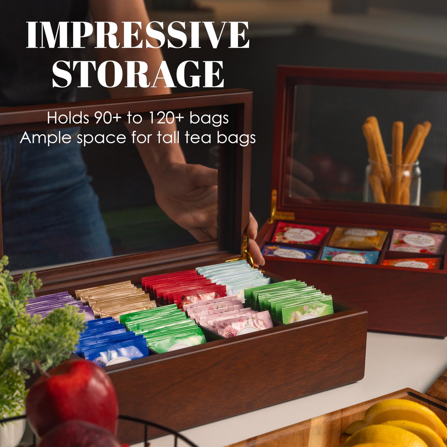 Apace Living Tea Box - Luxurious Wooden Tea Storage Box - 8 compartments for tea bags - Handcrafted box with scratch-resistant window - Elegant tea bag storage box.