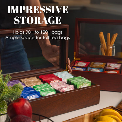 Apace Living Tea Box - Luxurious Wooden Tea Storage Box - 8 compartments for tea bags - Handcrafted box with scratch-resistant window - Elegant tea bag storage box.