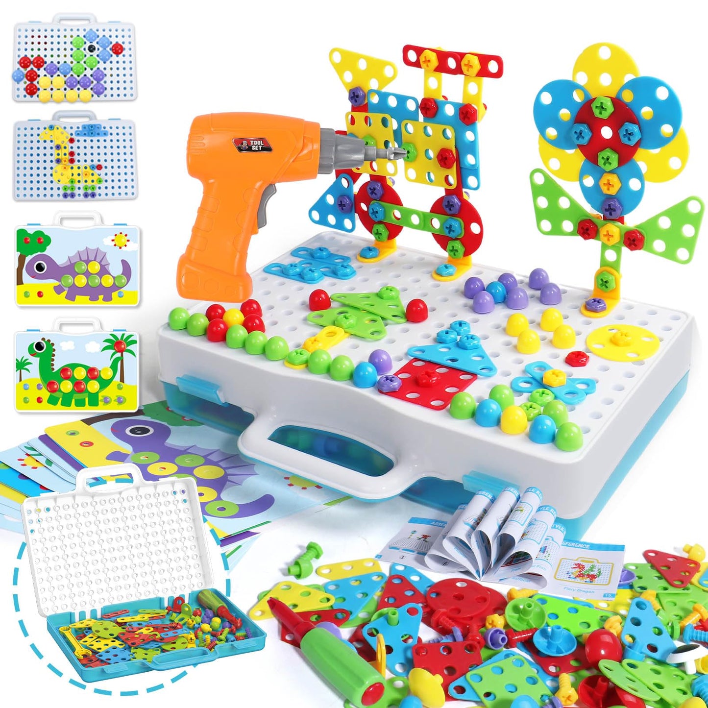 Toys for 3 years and up mosaic building set with electric drill screws building game kids tool Montessori toy puzzle for 3 years and up screwdriver gifts for 3-4 year old boys 224 pieces.