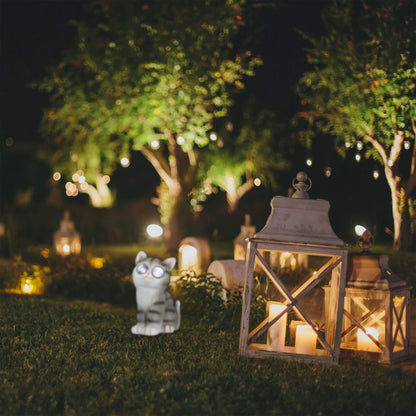 Relaxdays 4 x Garden Figurine Cat, Figure with LED Solar Eyes, Resin, Decoration for Garden, Balcony, HxWxD 23 x 12 x 14 cm, Grey