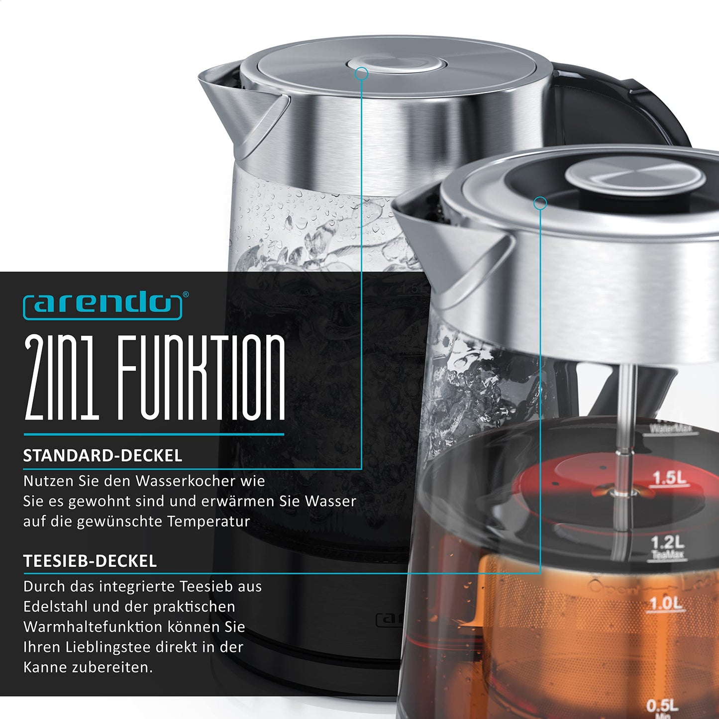 Arendo - Kettle with Toaster SET, Stainless Steel Glass Kettle with Tea Infuser + Temperature Control 1.7 L - Stainless Steel 2 Slice Long Slot Toaster Stainless Steel Egg Cooker for 1-3 Eggs