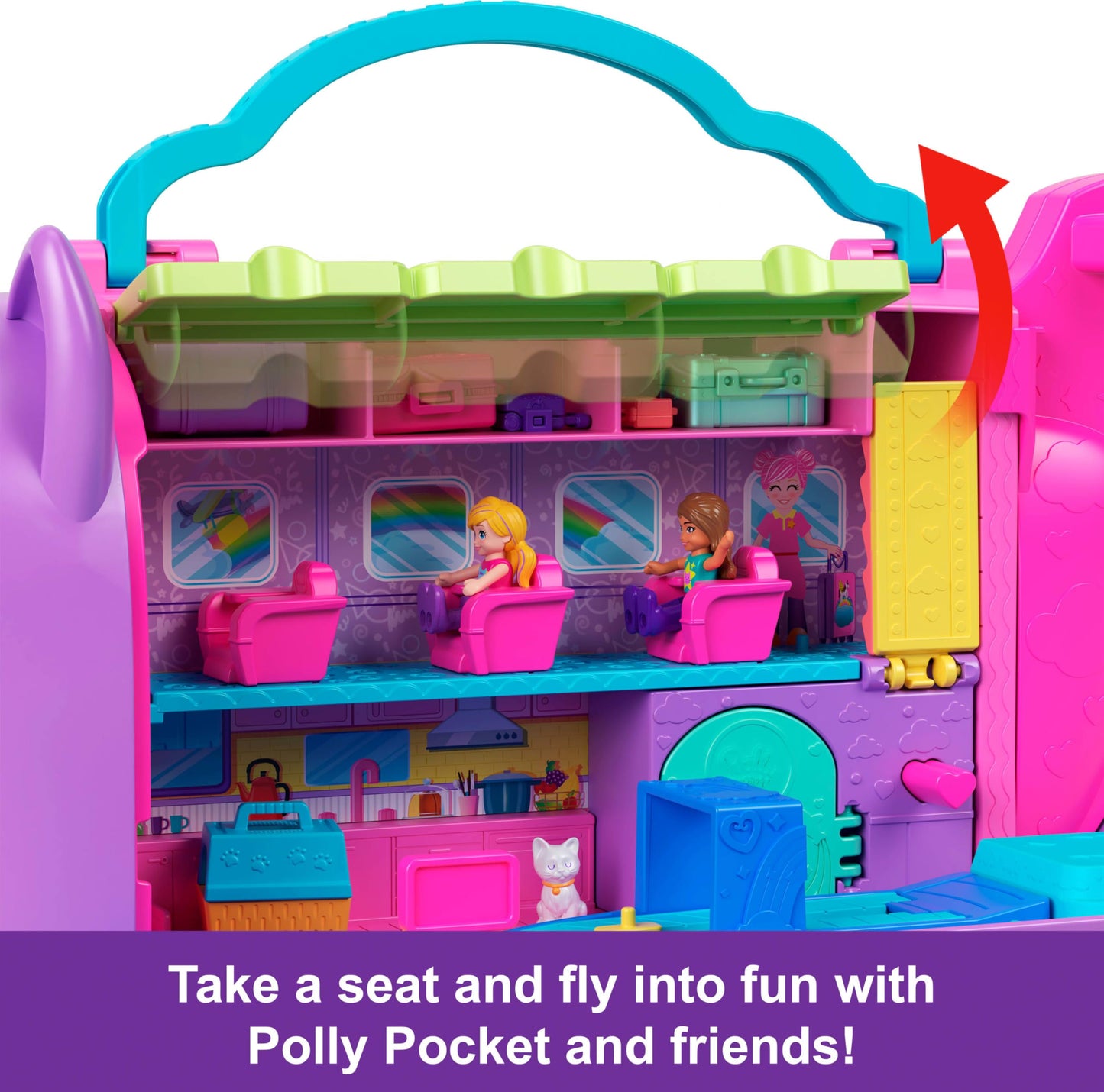 Polly Pocket dolls and playset, Kitty Airways airplane, travel toy with 2 small dolls and animal, rotating stage and accessories, HWP19