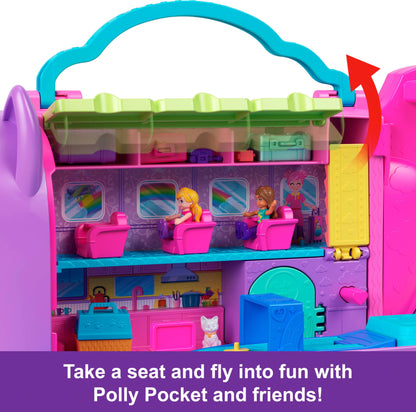 Polly Pocket dolls and playset, Kitty Airways airplane, travel toy with 2 small dolls and animal, rotating stage and accessories, HWP19