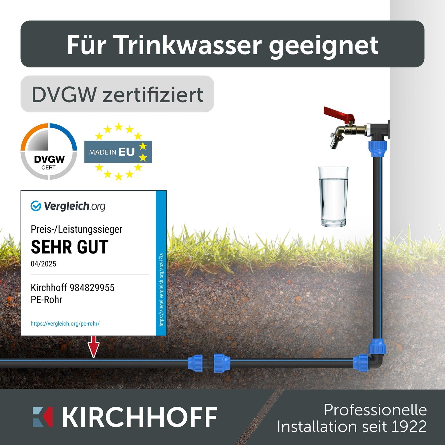 Kirchhoff Fitting Connection Angle 90° | Plastic | 25 x 25 mm | for HDPE pipe | 3 pieces in a set | Various sizes | DVGW certified | Drinking water quality | Made in EU, Black, 25 mm, 984845217-3