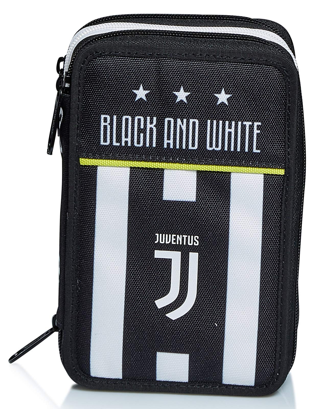 Seven Juventus pencil case, pen pouch for stationery, complete with pencils, markers, school supplies, with 3 compartments, girls, school - elementary school, XXL soccer black and white