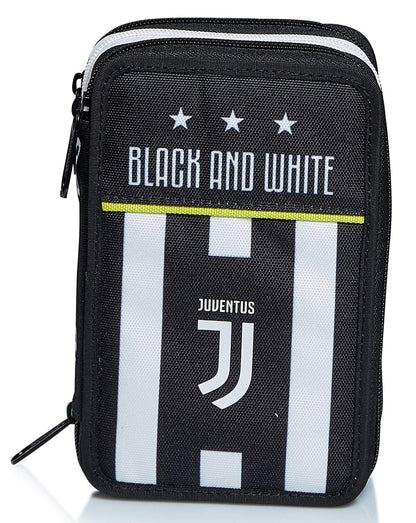 Seven Juventus pencil case, pen pouch for stationery, complete with pencils, markers, school supplies, with 3 compartments, girls, school - elementary school, XXL soccer black and white