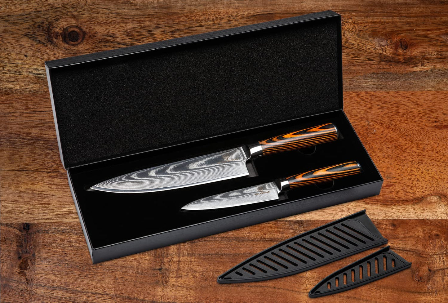 Wolfblood 2-piece damascus knife set (32cm and 24cm) Professional kitchen knives made of authentic 67-layer damascus steel. Set includes chef's knife, cooking knife, wooden handle, gift box, and blade guard.
