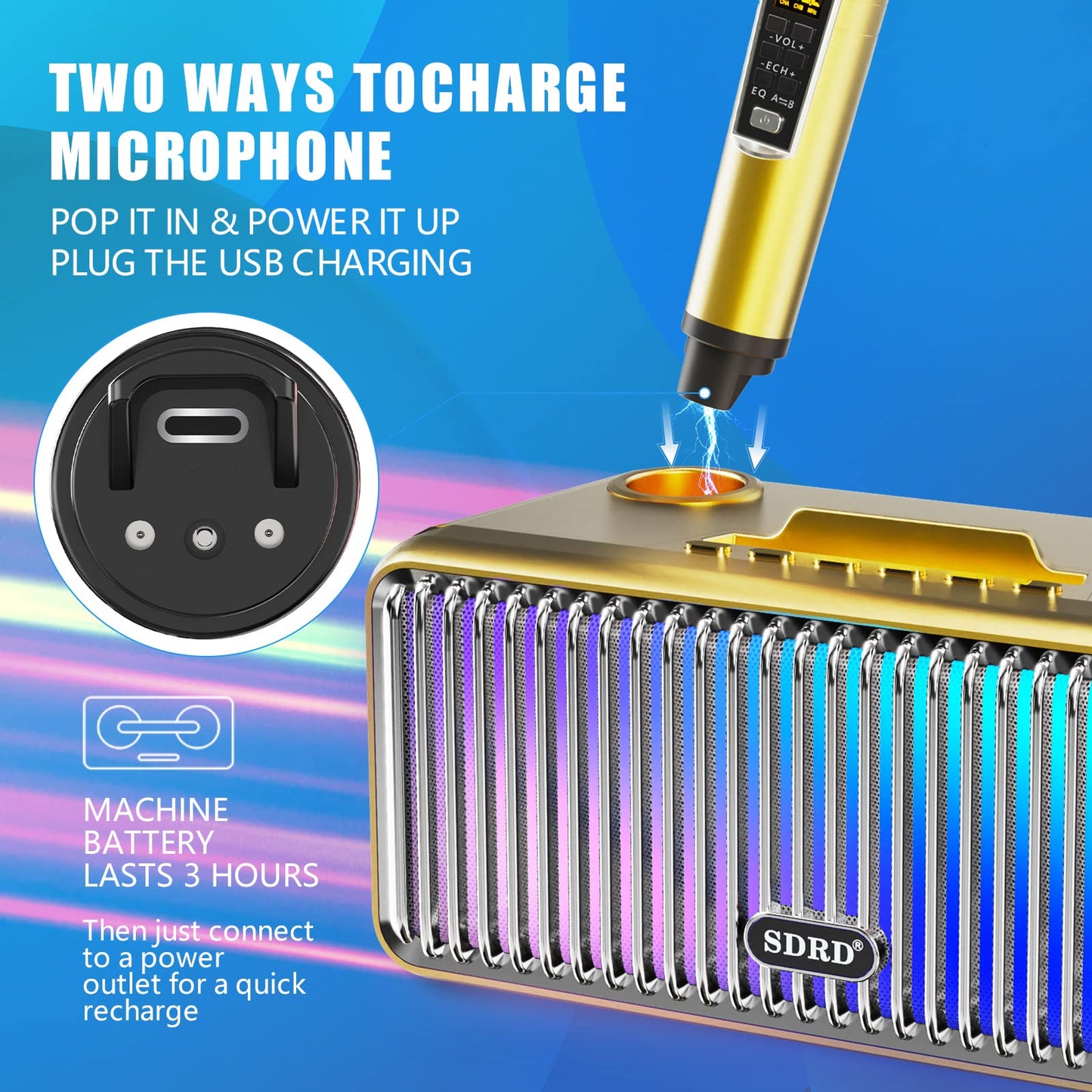 Karaoke machine for adults and kids, portable Bluetooth speakers with 2 UHF wireless microphones Karaoke speaker PA system with colorful gradient LED lights for home parties - Gold