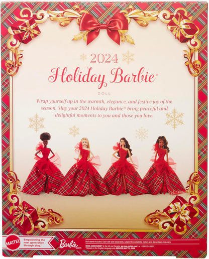 Barbie Signature Doll, Holiday Blonde Fashion Doll wearing gown with plaid skirt, seasonal collector gift in displayable packaging, HRM65.