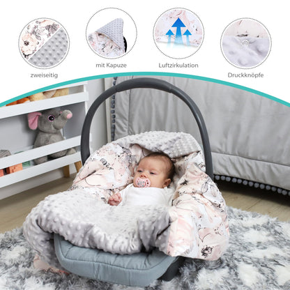 Impact blanket for infant car seat, baby blanket 90x90 cm - footmuff for stroller and car seat. All-season use for newborns and toddlers. Compatible with 3 and 5 point harness. Made of Minky Oeko-Tex fabric.