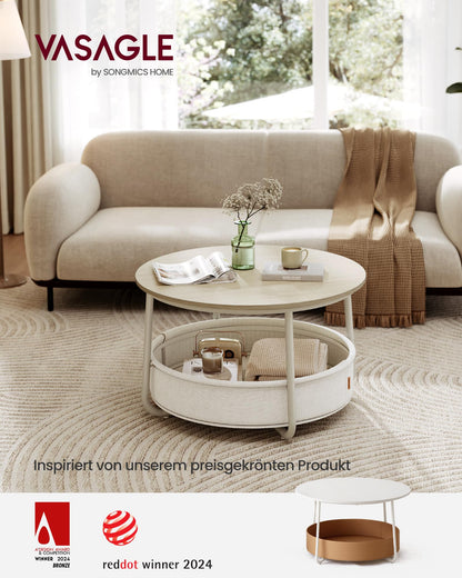 VASAGLE round coffee table with storage, side table, living room table with fabric basket, modern, metal frame, natural beige-cream LCT244K01
