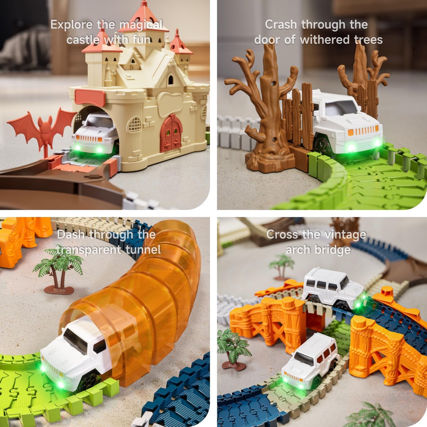TUMAMA Children's Race Track Toy, gift for kids 3 4 5 6 7 years old. Racing toy, track toy vehicles with Magic House, Tunnel, 2 light-up electric cars.