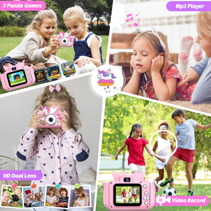 Children's camera, Unicorn Selfie Digital Camera with 32GB Card, Christmas birthday gift for boys and girls, 1080P HD Kids Camera, gifts toy for 3 4 5 6 7 8 9 10 11 12 years.