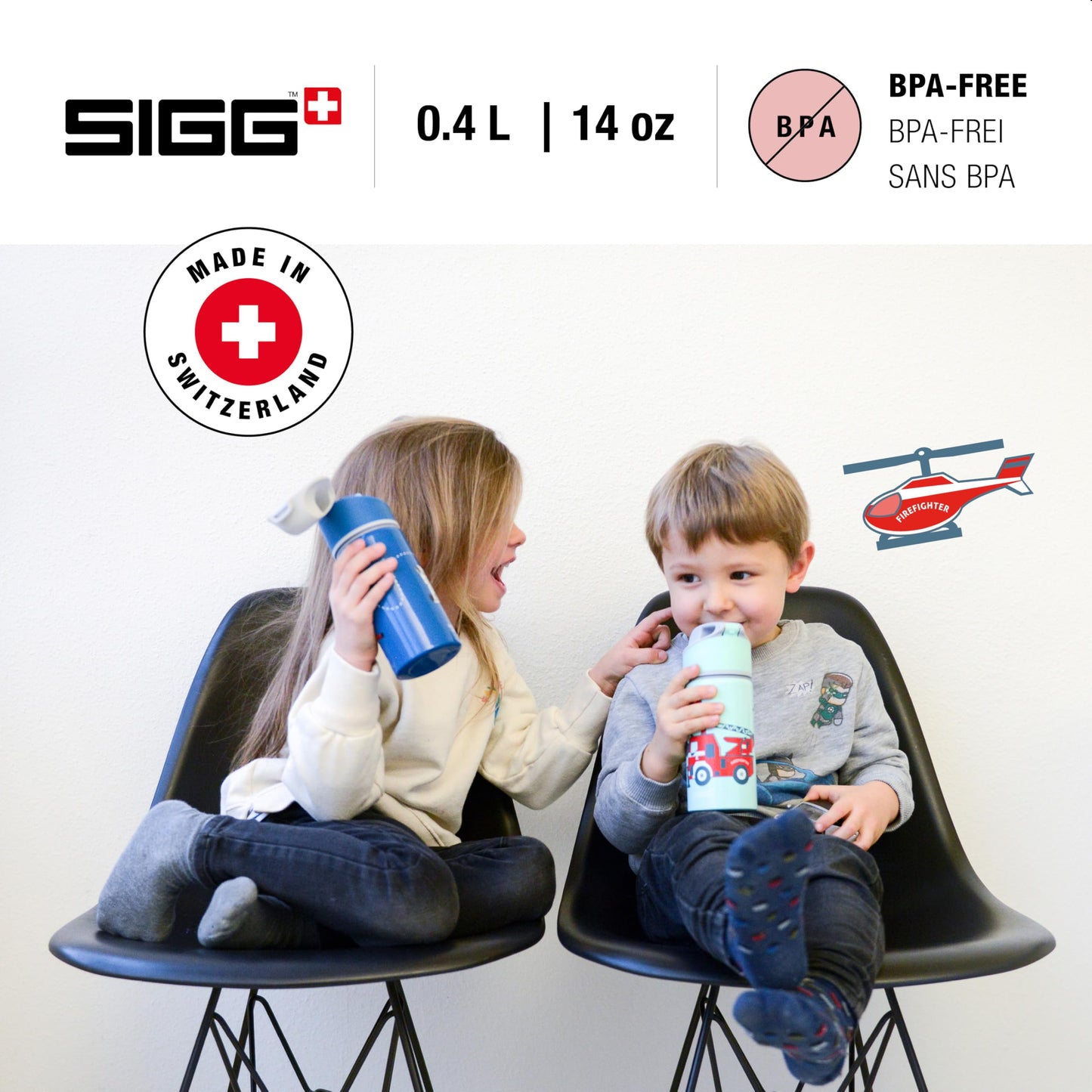 SIGG Miracle Fireman Kids Water Bottle (0.4 L), durable kids bottle with leak-proof lid, one-handed aluminum water bottle operation.
