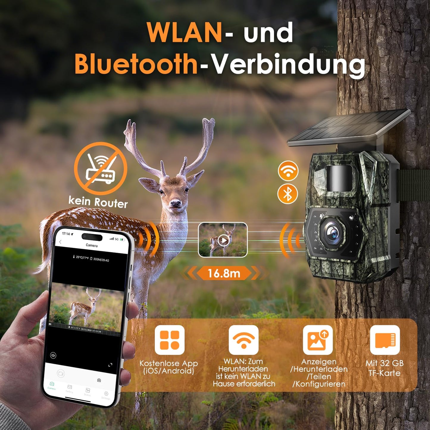 Wireless trail camera with mobile transfer app, solar-powered wildlife camera with 5200mAh battery, motion sensor night vision 0.1s trigger time, Bluetooth wildlife camera night vision, IP66 waterproof.