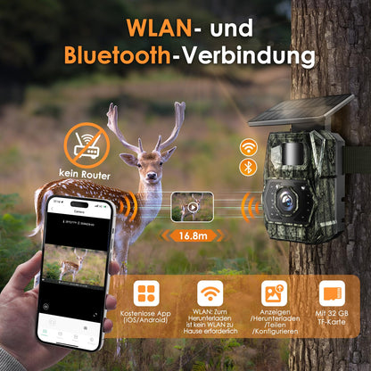 Wireless trail camera with mobile transfer app, solar-powered wildlife camera with 5200mAh battery, motion sensor night vision 0.1s trigger time, Bluetooth wildlife camera night vision, IP66 waterproof.