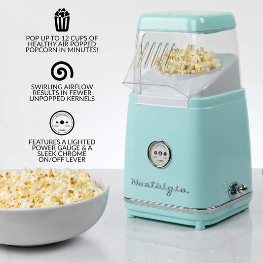 Nostalgia CLHAP12AQ Classic Retro Healthy Hot Air Tabletop Popcorn Maker, makes 12 cups, with kernel measuring scoop, oil-free, perfect for birthday parties, movie nights, Aqua