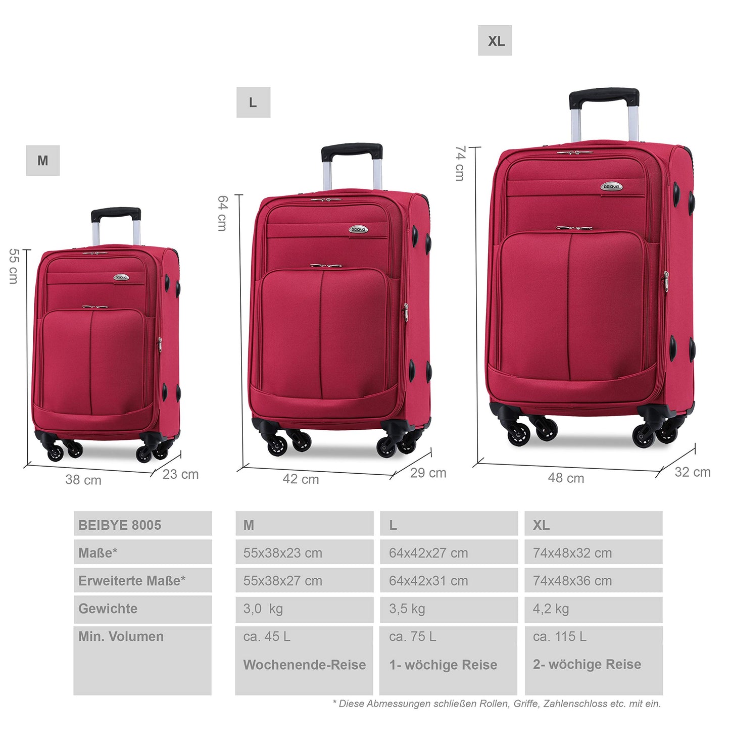 BEIBYE Lightweight Fabric Suitcase Set Trolley External Pockets Expansion Pleat More Storage Space with Combination Lock (Wine Red, M-Carry-On-54cm)