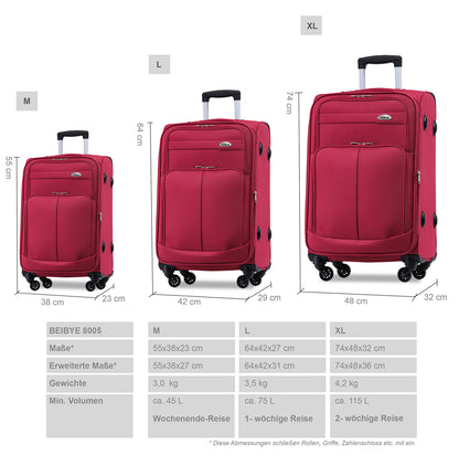 BEIBYE Lightweight Fabric Suitcase Set Trolley External Pockets Expansion Pleat More Storage Space with Combination Lock (Wine Red, M-Carry-On-54cm)