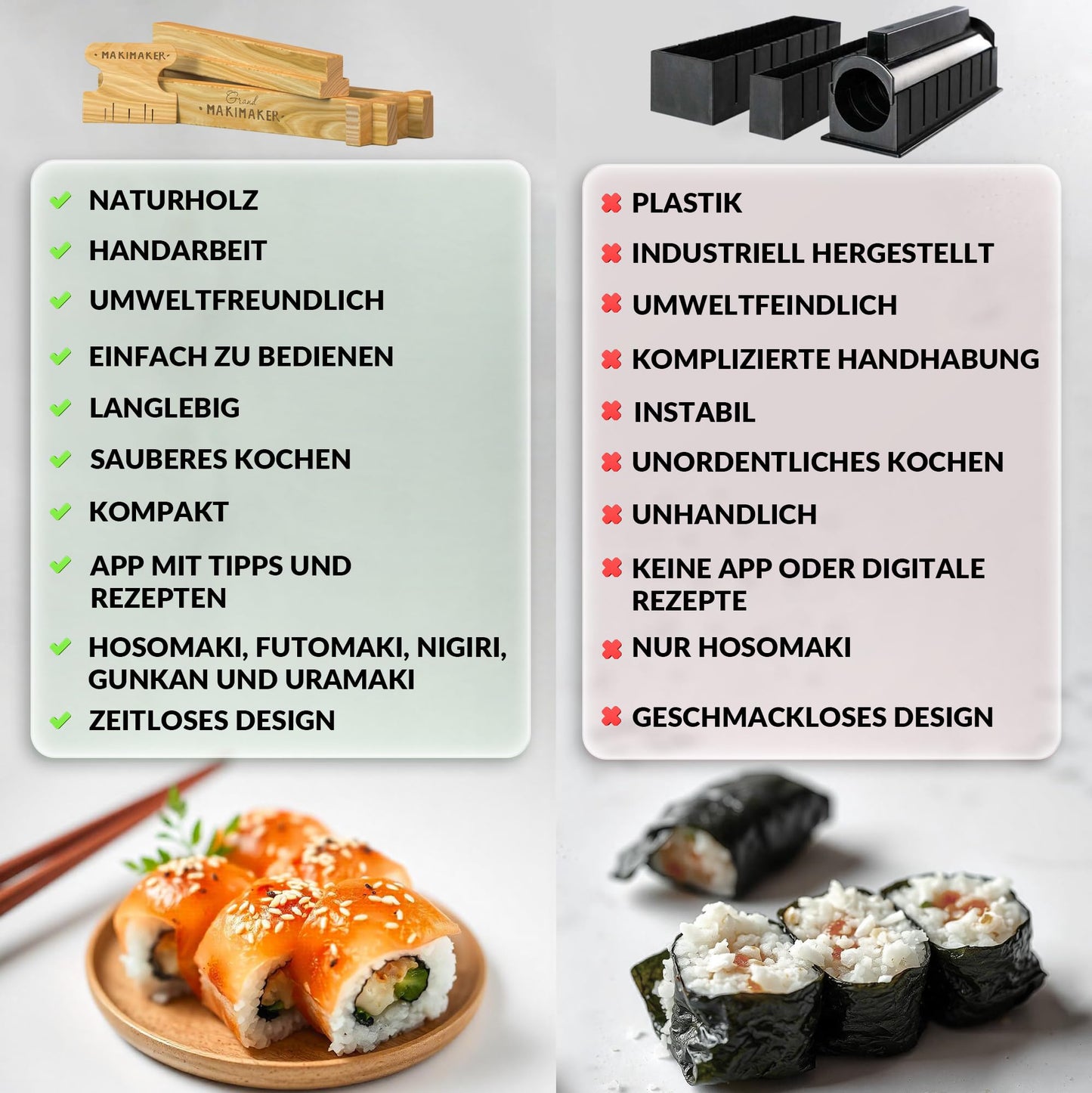 iSottcom Buchenholz Sushi Maker - Make your own Japanese sushi rolls easily - Maki set including recipe app, gift box, and instructions - Perfect sushi gift for beginners & pros.
