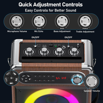 JYX Karaoke system with 2 wireless microphones, Portable PA system Karaoke speaker with adjustable treble/bass and LED lights, Supports TWS, USB/TF/FM radio, Recording function, Perfect for parties, indoors, and outdoors.